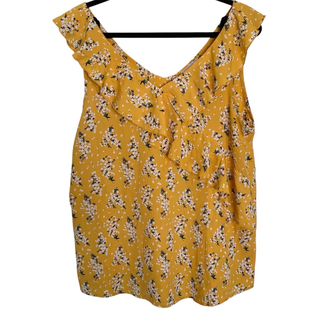 Hailey & Co Yellow Floral Ruffle Neck Sleeveless Blouse Women’s Large